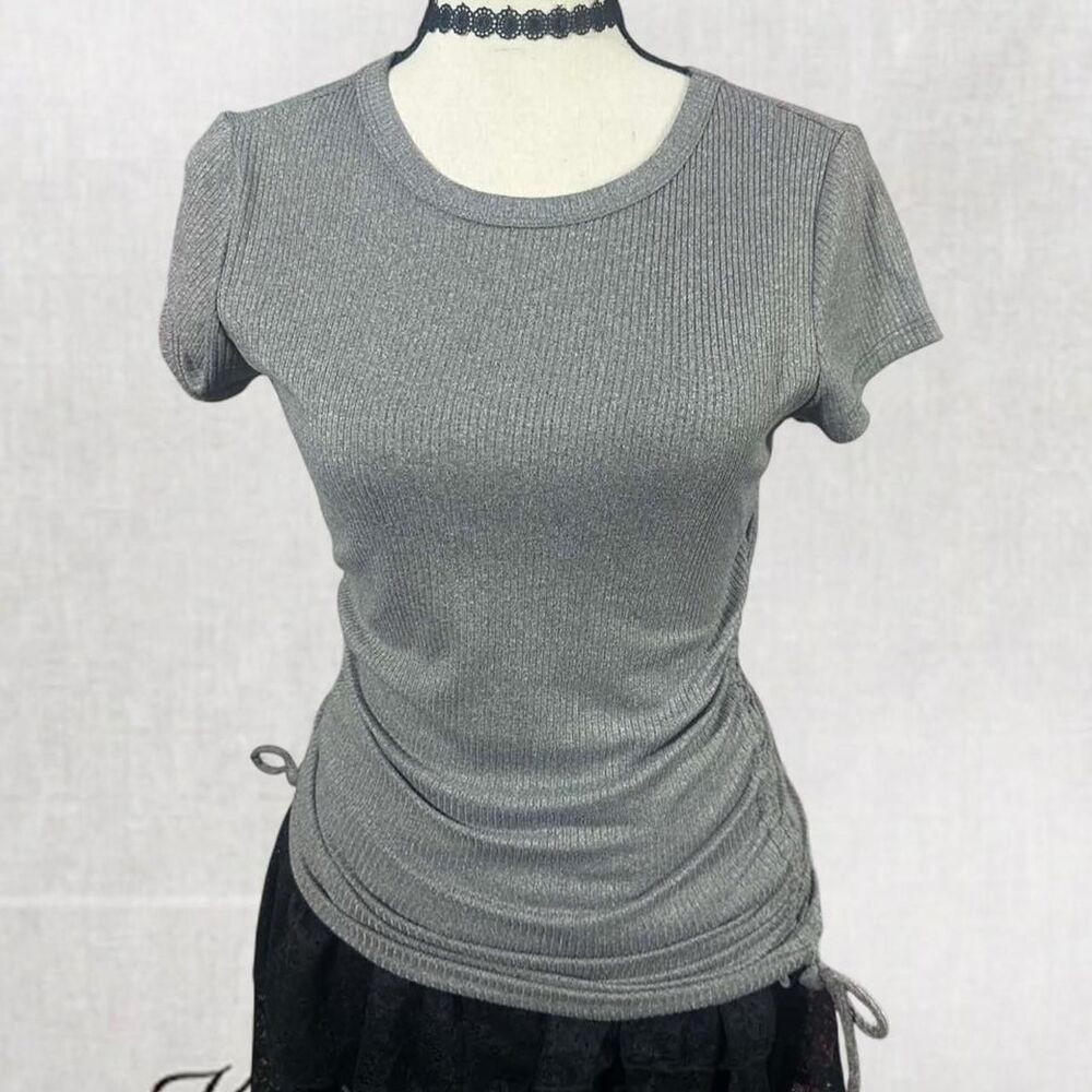 Y2K Goth Girl Style Grey Ribbed Top With Ruched Sides